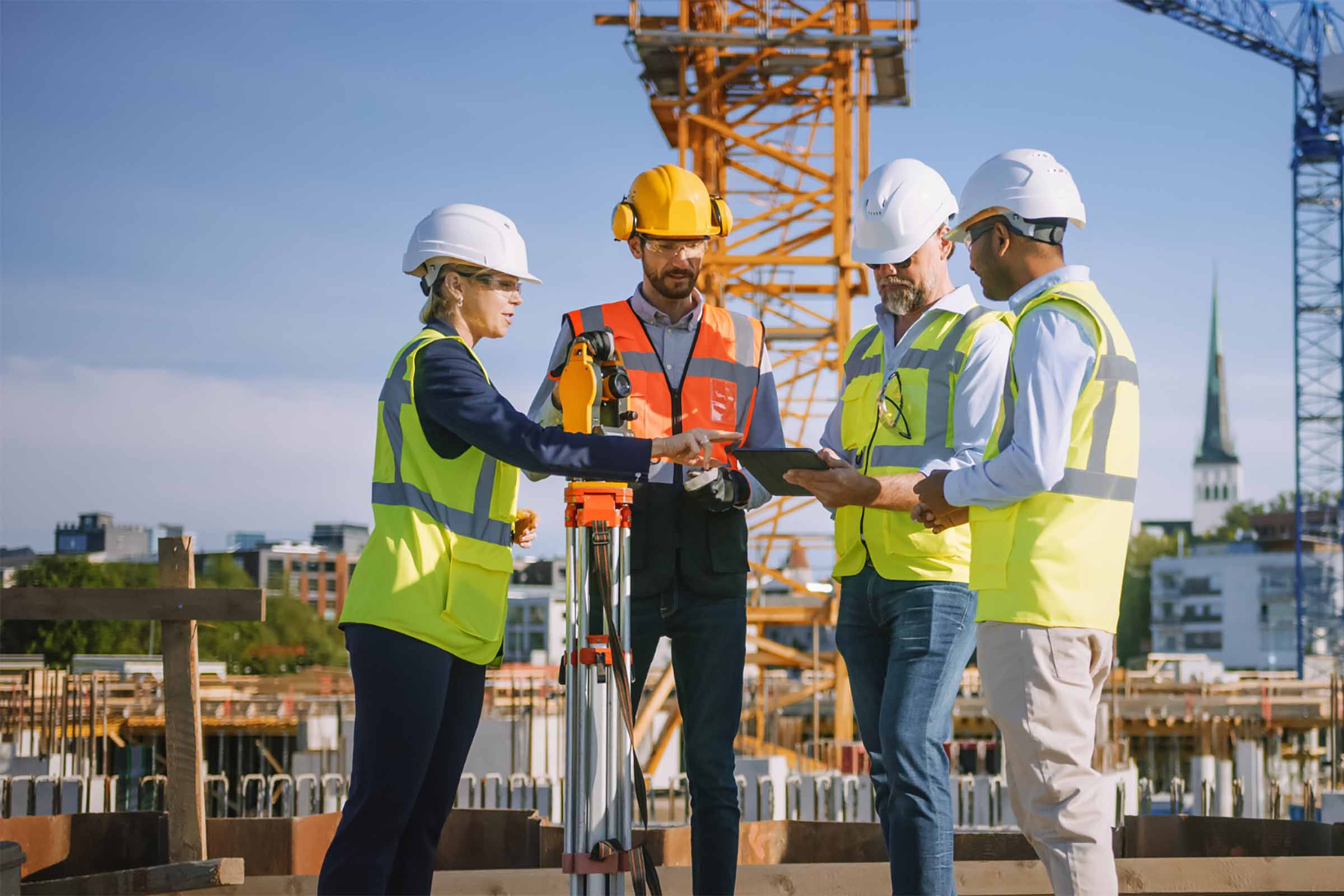 A group of four construction professionals, wearing hard hats and high-visibility vests, stand on an active construction site discussing a project