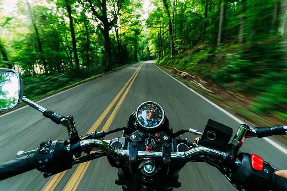 Motorcyclist's perspective on a winding, tree-lined road - conwayinsurance.com