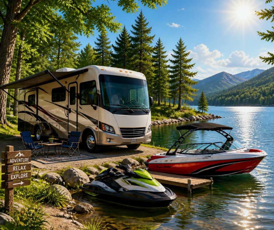 A motor home and a jet ski parked by a serene lake, surrounded by trees and reflecting water